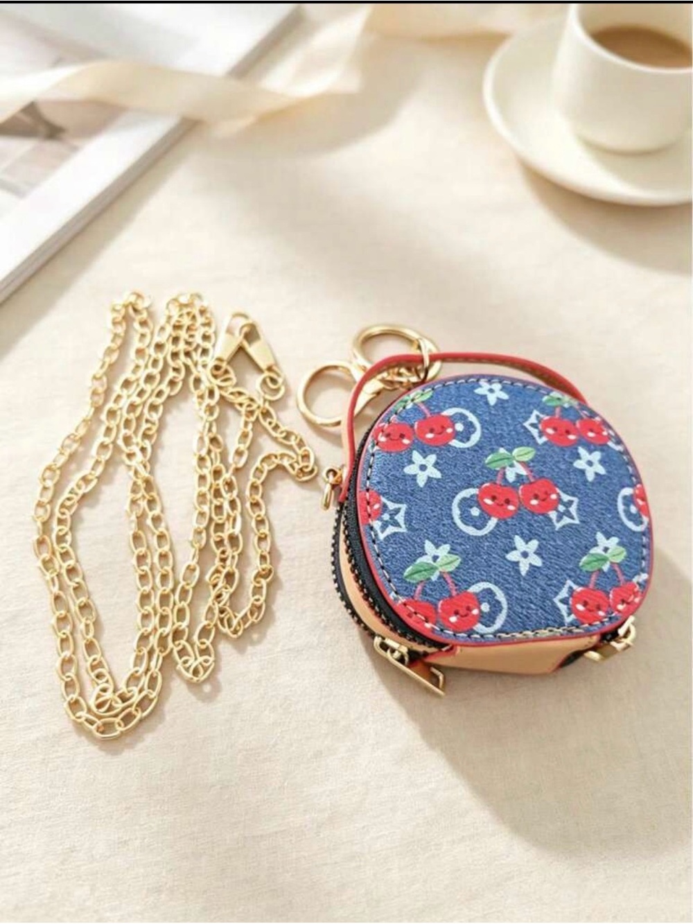 Cherry Print Blue Round Mini Crossbody Bag Keychain/Bag charm with Gold Chain